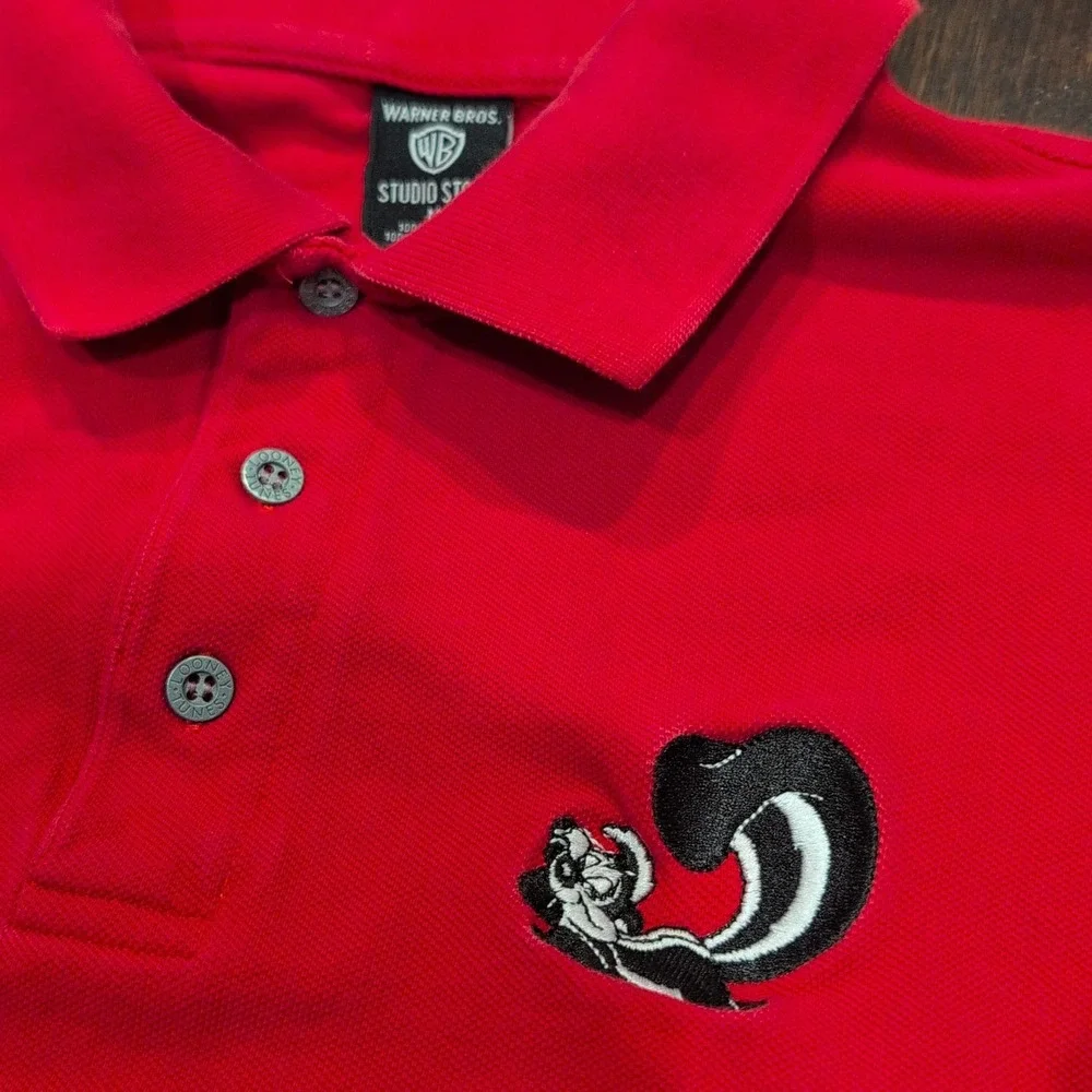 Vintage Warner Bros Pepe Le Pew Embroidered Mens Red‎ Polo Shirt Size Medium 90s